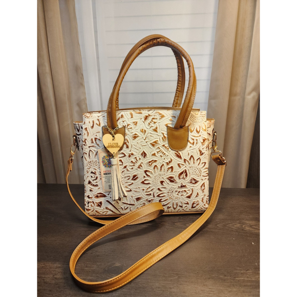 Gold White Sunflower Embossed Tooled Artisan LEATHER Crossbody Handbag Purse - Picture 3 of 15